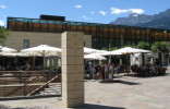 the main building of the thermal baths of merano is an impressive cube made from glass and steel. The modern spa building of the thermal baths of merano.